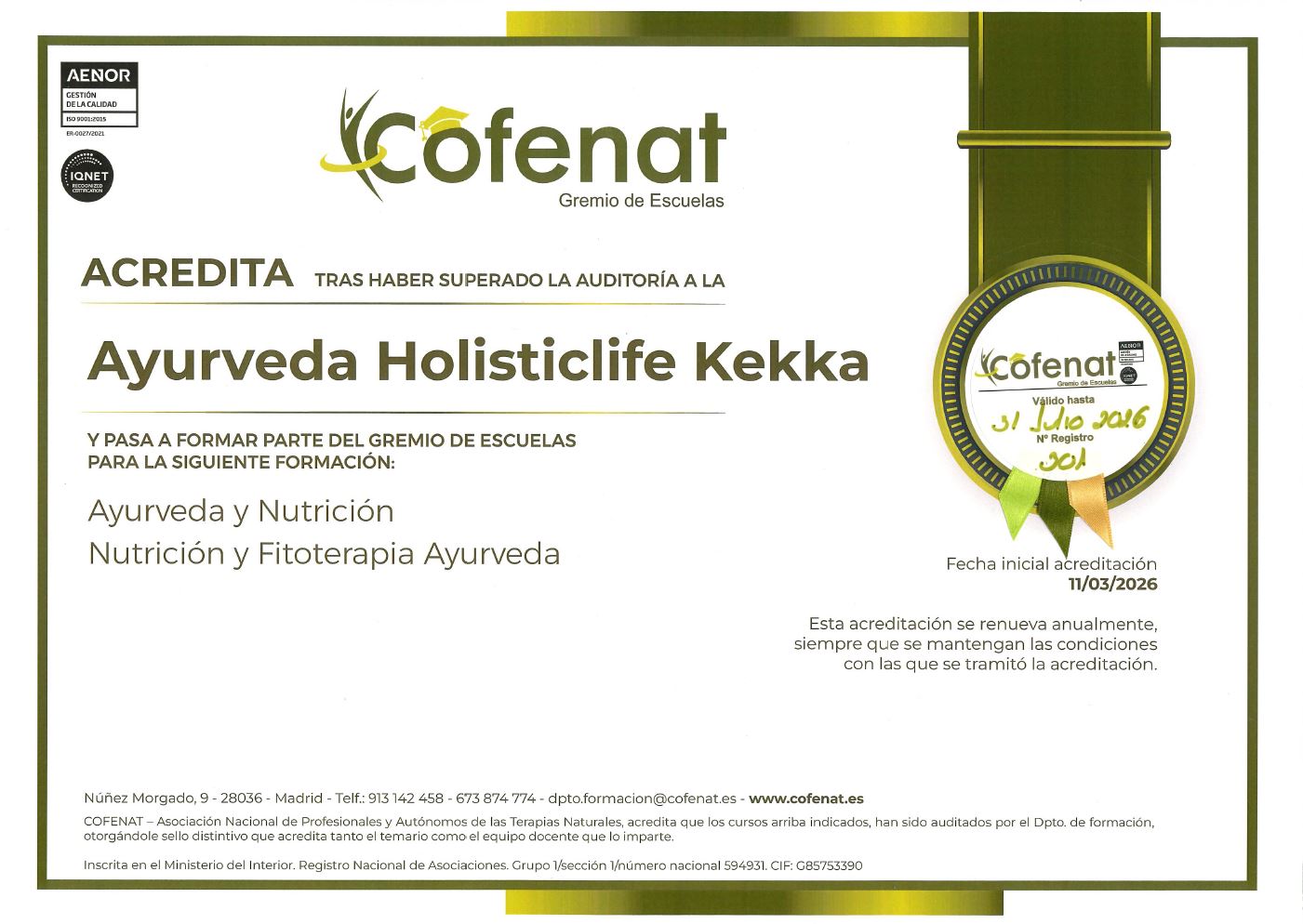 Certificado de formación con certificación ISO - Ayurveda Holisticlife Kekka